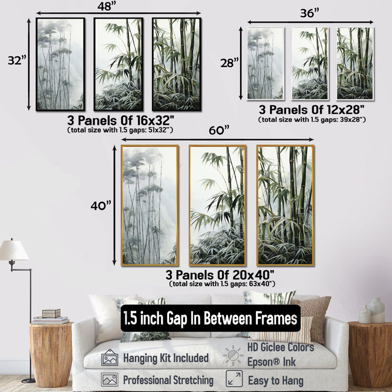 Gris et vert bambou tranquillité II - art mural Chine, H 28 po x l 36 po x P 1 po, Cadre flottant noir