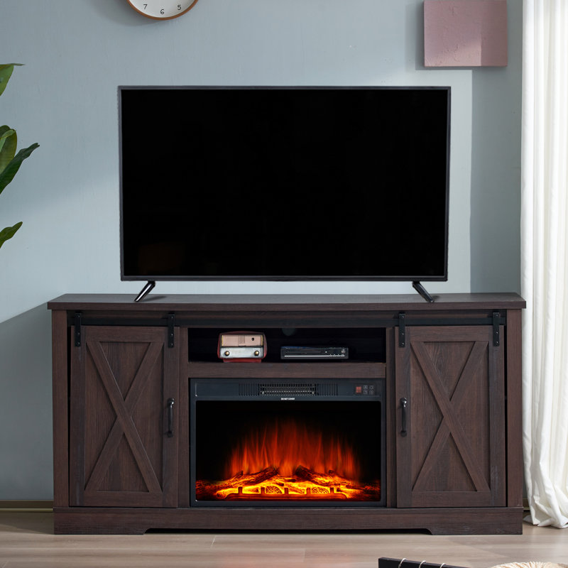 Chiara 63" W Manufactured Wood Fireplace TV Stand for TVs up to 75" with Cabinets, Dark Walnut