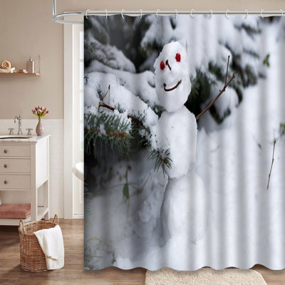 Snowman Winter Forest Christmas Snow Birch Shower Curtain with 12 Hooks