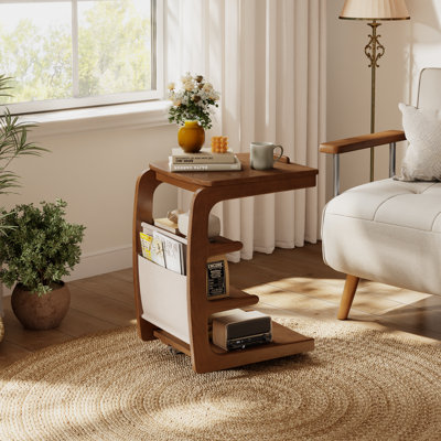 Oliver C Shaped End Table, C Table with Wheels,Small 4-Tier End Tables with Storage Bag,Wooden Couch Table Adjustable Desktop for Living Room,Bedroom