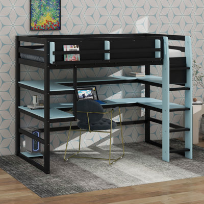Gaming Loft Bed With RGB LED Light, Wood Bed Frame With Desk, Dual-Level Wraparound Shelves And Side Storage Rack