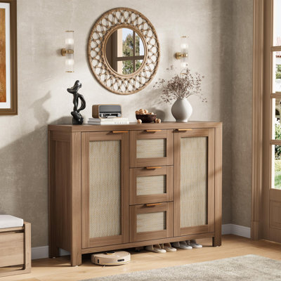 Spacious Rattan Buffet Sideboard Cabinet - 3 Drawers & 2 Doors, Boho Farmhouse Design, Adjustable Shelves, Large Storage Credenza for Dining Room, Living Room, or Entryway 