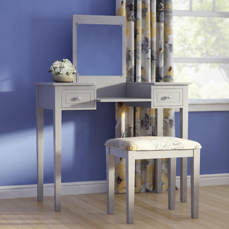 Fidelmar 36" 2-Drawer Flip Top Mirror Vanity with Butterfly Print Stool, Silver