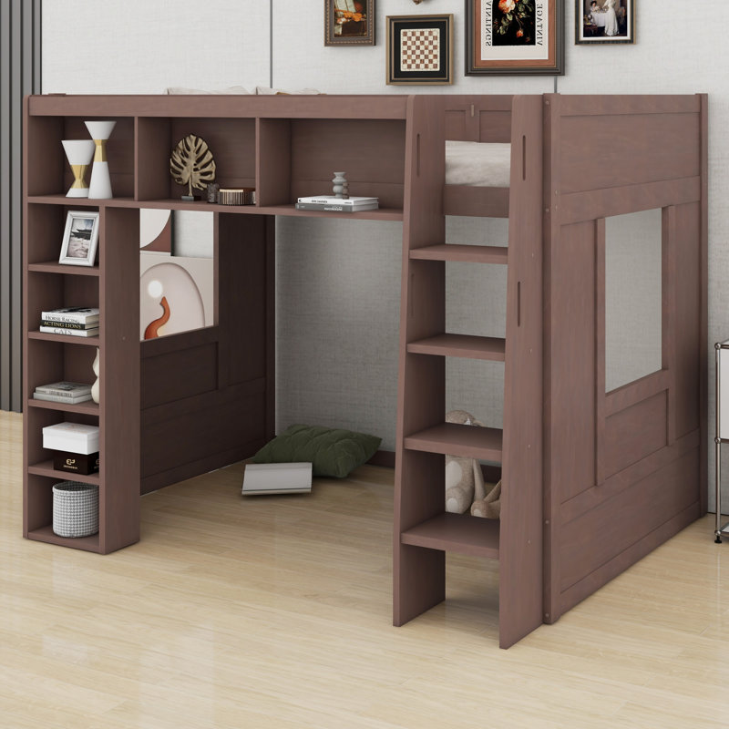 Space-Saving Wooden Loft Bed With Built-In Shelves, Brown