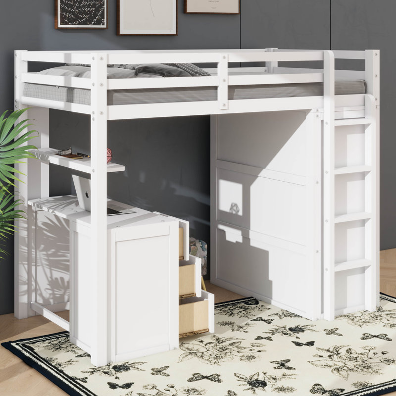 Lit mezzanine polyvalent avec tiroirs de rangement intégrés, bureau de travail spacieux et armoire de style armoire, Blanc