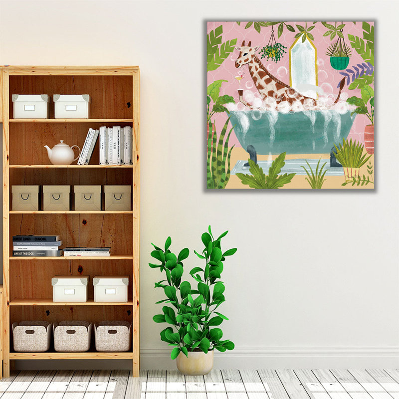 Girafe dans une baignoire - reproduction d'art sur toile, H 40 po x l 40 po
