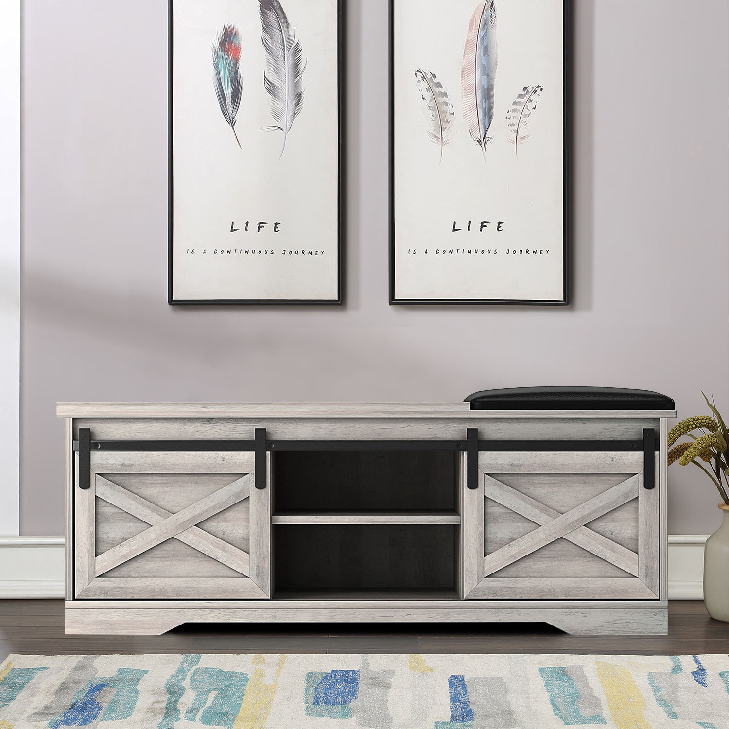 Aarshi Vintage Industrial Style Wooden Storage Bench with Faux Leather Seat Cushion Gracie Oaks Color/Pattern: Light Gray, image size:1500x1500