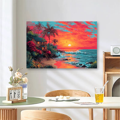 «Colorful Coastal Beach House At Vibrant Tropical Sunset», grande reproduction d'art sur toile tendue pour salon, chambre à coucher