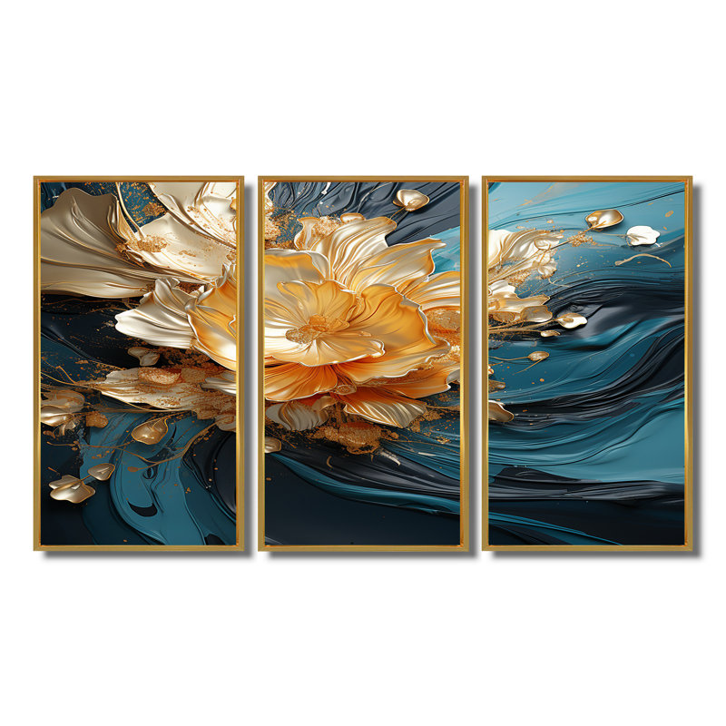 Cummings - ensemble d'art mural floral moderne, Cadre flottant doré, H 40 po x l 60 po x P 1 po