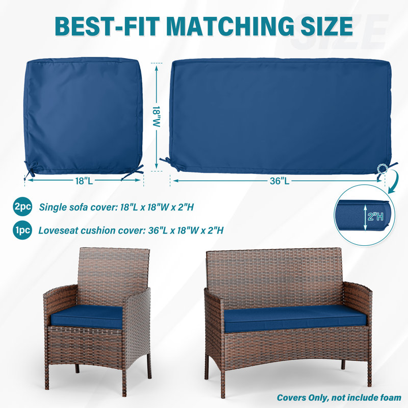 3-Piece Outdoor  Cushion  Covers Set(1 Big Cover+2 Small Covers), Covers Only, Blue