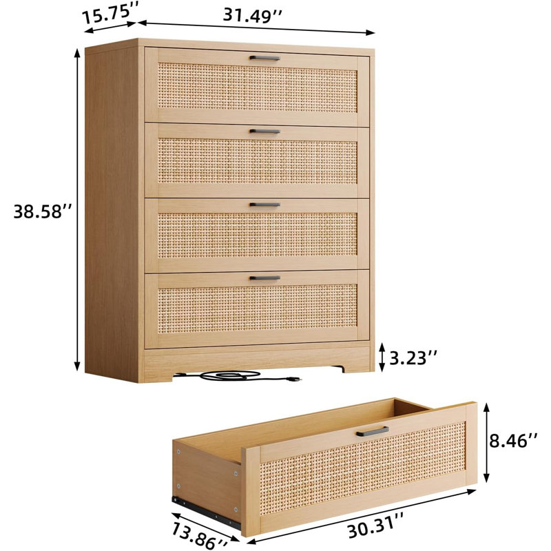 4 Drawer Dresser, Rattan Dresser With Power Outlets, Oak Natural