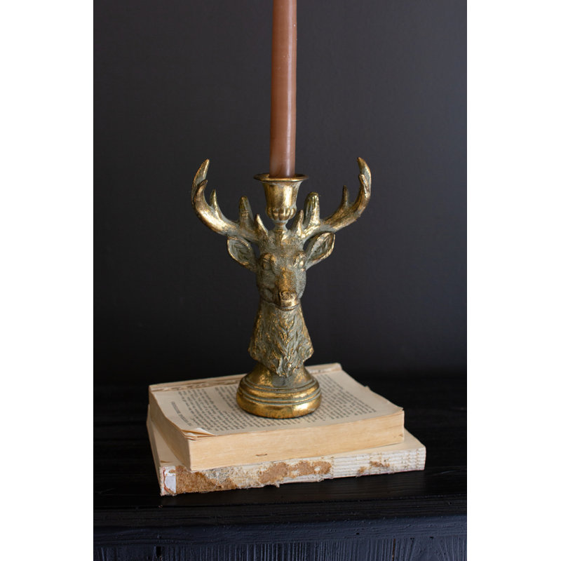  Resin Deer Taper Candle Holder, Gold Rustic Animal Table Decor, Distressed Finish