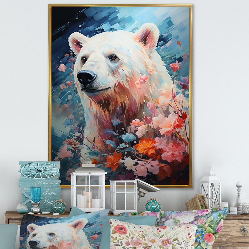 Ours polaire pastel sérénité sur toile, H 32 po x l 16 po x P 1 po, Cadre flottant doré