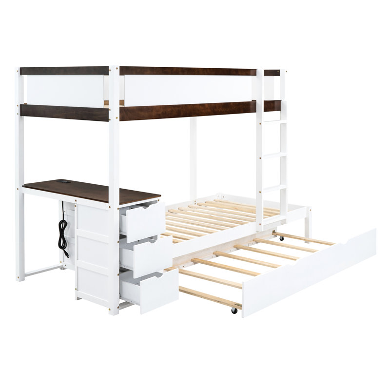 Lit superposé Twintwin avec ports, bureau et rangement en blanc et noyer pour une utilisation