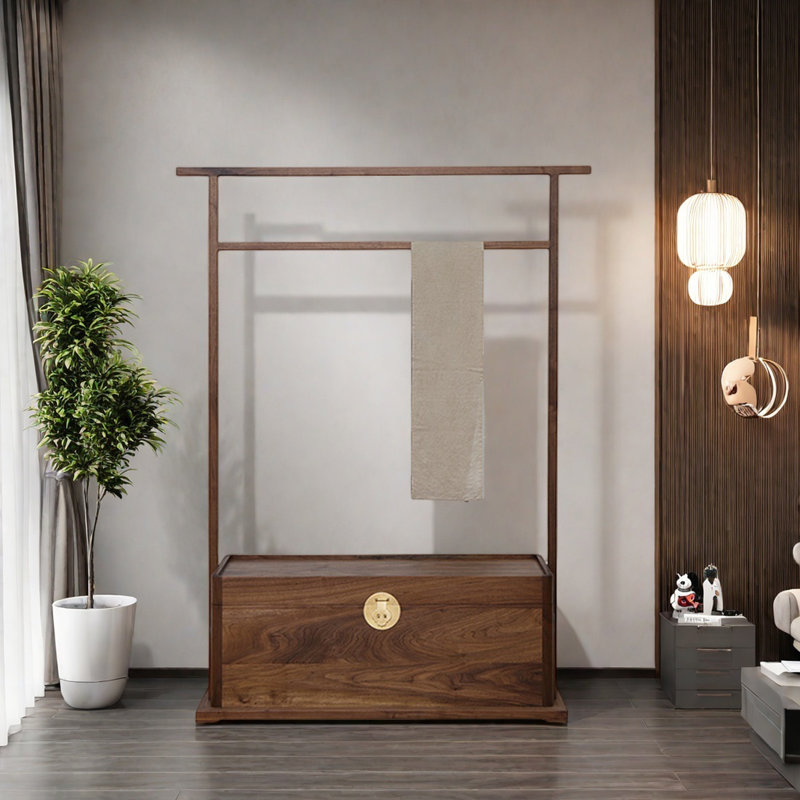 Solid Elm Wood Coat Rack with Storage