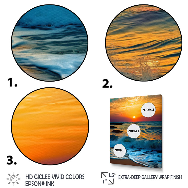 Lumineux coucher de soleil de vagues se brisant sur le rivage I, H 20 po x l 12 po x P 1 po, Cadre simple noir