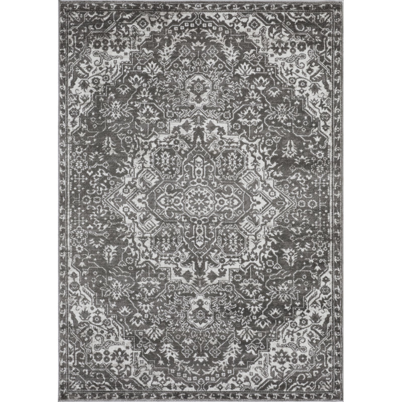Tapis oriental gris en polypropylène tissé à la main Ragheb, Rectangle 5 pi 3 po x 7 pi 3 po