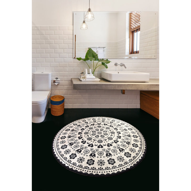 Tapis pour salle de bain Aadhya, H 0,39 po x l 55,12 po x L 55,12 po, Noir / blanc