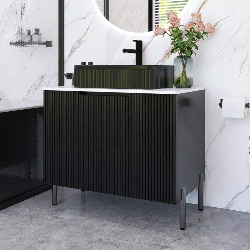 Meuble-lavabo autoportant de 30 pouces avec lavabo en céramique noire et comptoir blanc Carrara