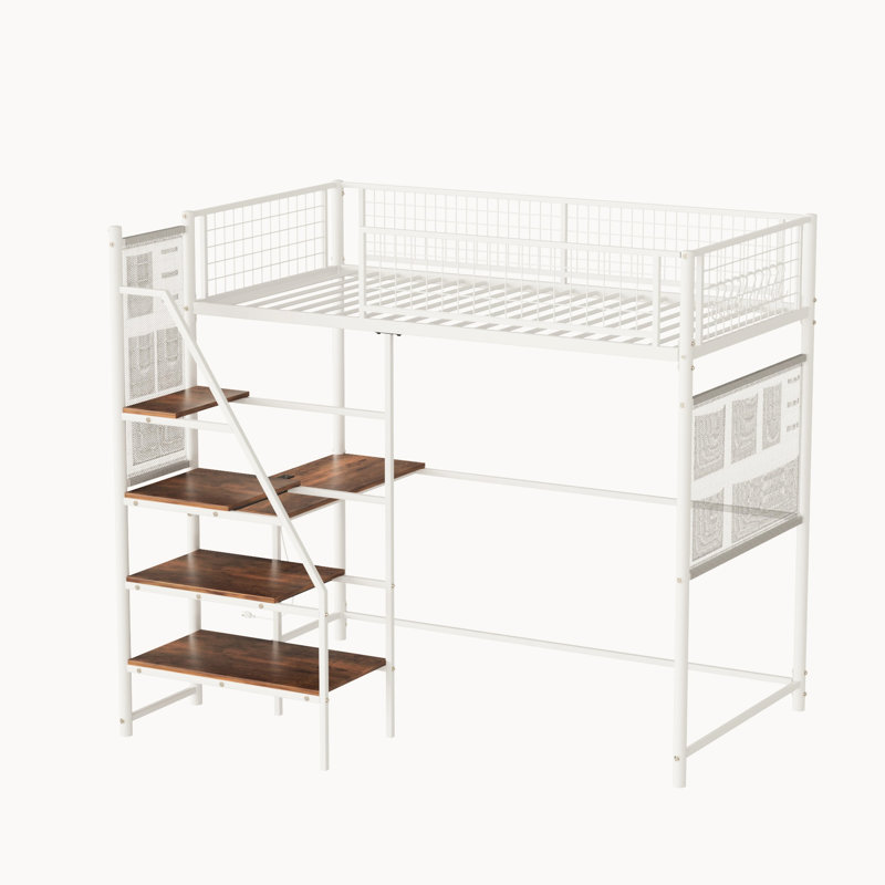White Twin Loft Metal Bed For Dormitory Space - Built-In Desk, Charging, Led Lights, Secure Size With Appearance Bedroom & Dorm Use, Charging Station, Safe Build