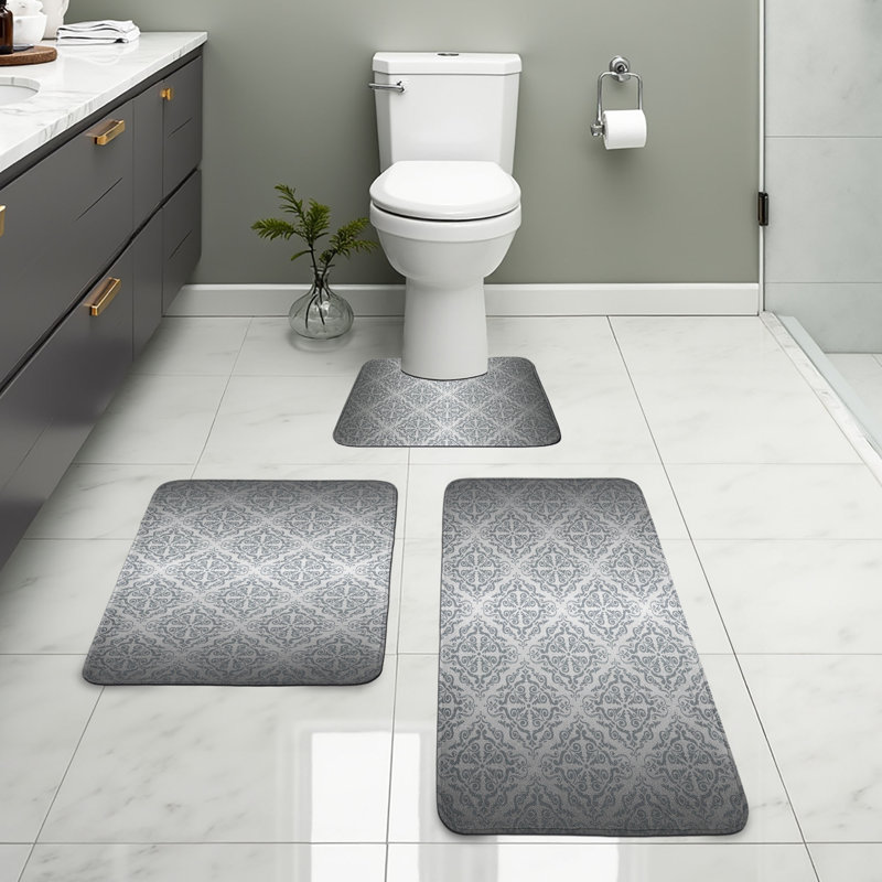  Grey Bathroom Rug Set 3 Pieces U-Shape & Rectangle Mats Grey Pale Grey