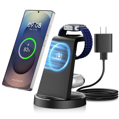 Chargeur sans fil 3-en-1 pour Samsung, compatible avec les téléphones et les montres intelligentes Android (S26/S25/S24/S23/S22, Note 20/10, Z Fold 6/5, Galaxy Buds, Galaxy Watch) - Noir