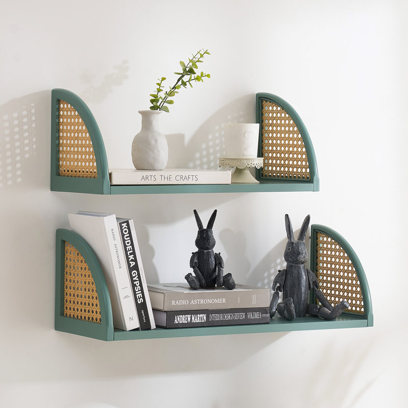 Étagères murales flottantes en bois avec côtés en rotin, ensemble de 2 tablettes murales 24,8 po, vert, Vert, 24.8 inch