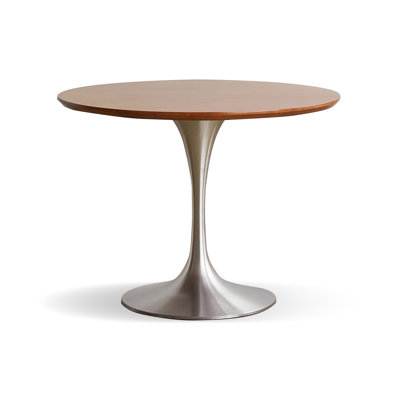 Table de salle à manger brune ronde en bois massif et acier inoxydable