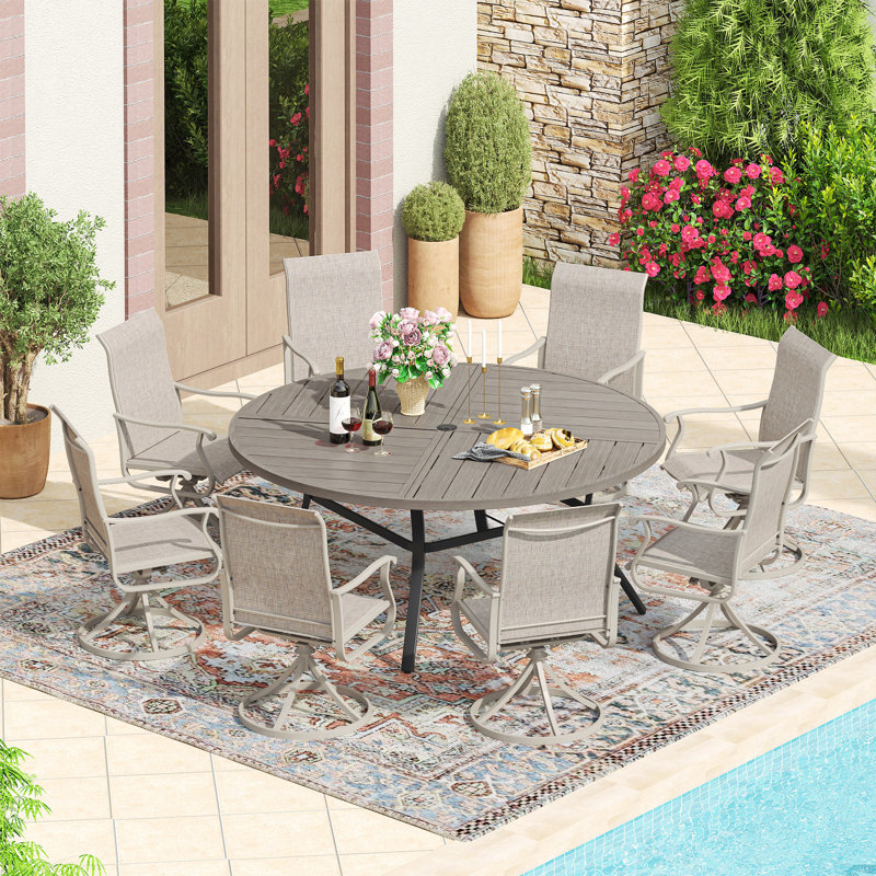 Round Outdoor Dining Set with 60" Metal Dining Table and 8 PVC-coated polyester Swivel Dining Set, Brush Wood Gray/Sandshell