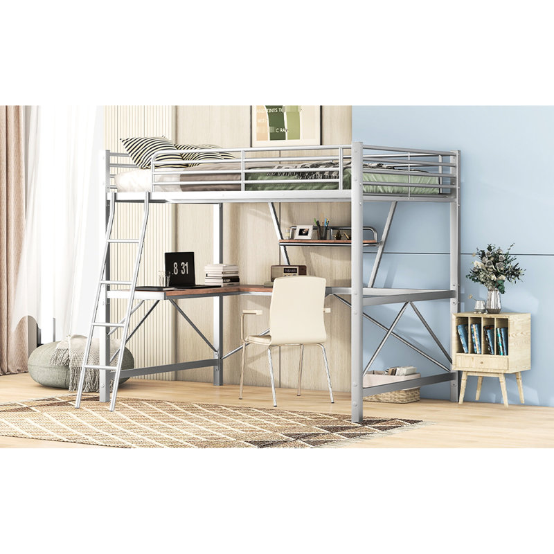 Lit mezzanine double en métal avec bureau et tablette argent