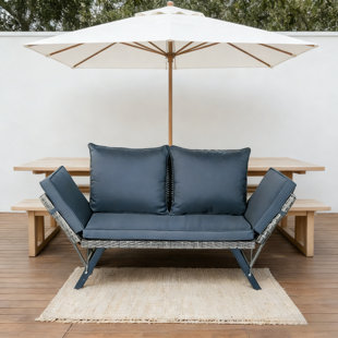 Banc d'appoint pliable en osier gris pour terrasse - Banc de conversation extérieur rembourré gris foncé pour jardin et terrasse, pièce unique