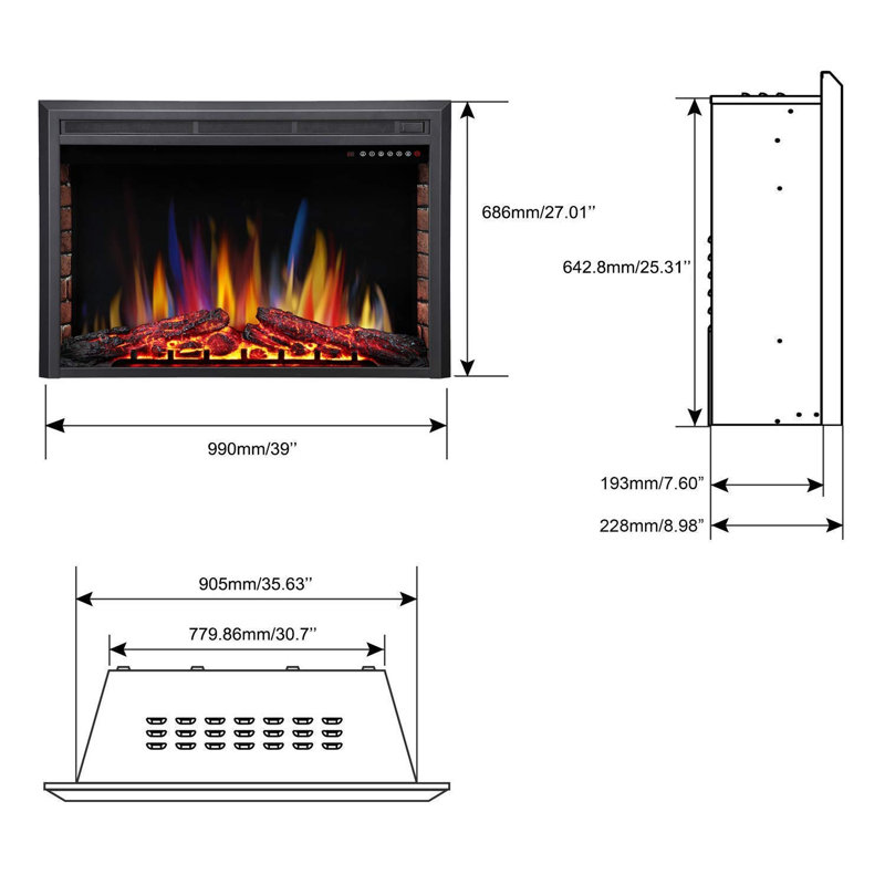 Amit Black Electric Fireplace Insert, 27.08" H x 38.97" W x 8.97" D