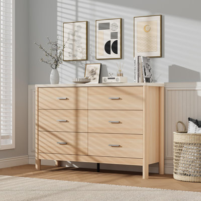 6 Drawer Dresser, Modern Wooden Storage Chest with Cylindrical Legs & Metal Handles, Freestanding Organizer for Bedroom, Natural