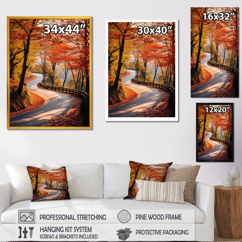 «Crimson Autumn Road Into Forest II», Cadre doré simple, H 32 po x l 16 po x P 1 po