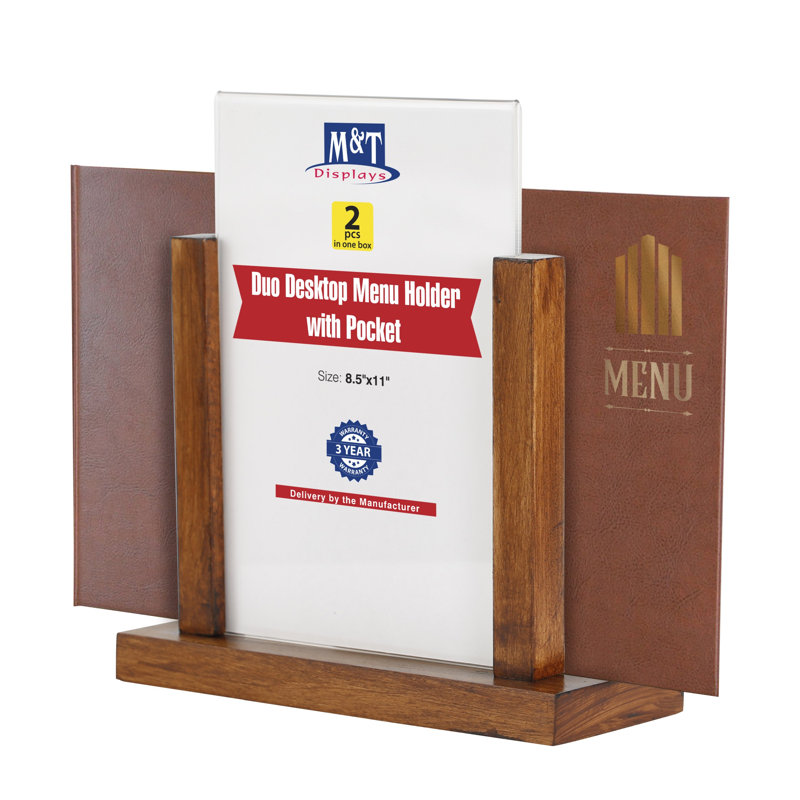 Porte-menu contemporain avec poche en acrylique U, H 9,84 po x l 11,3 po x P 3,35 po, Marron