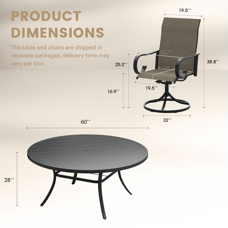 Ensemble repas 9 pièces pour terrasse avec fauteuils pivotants, Brown, Black