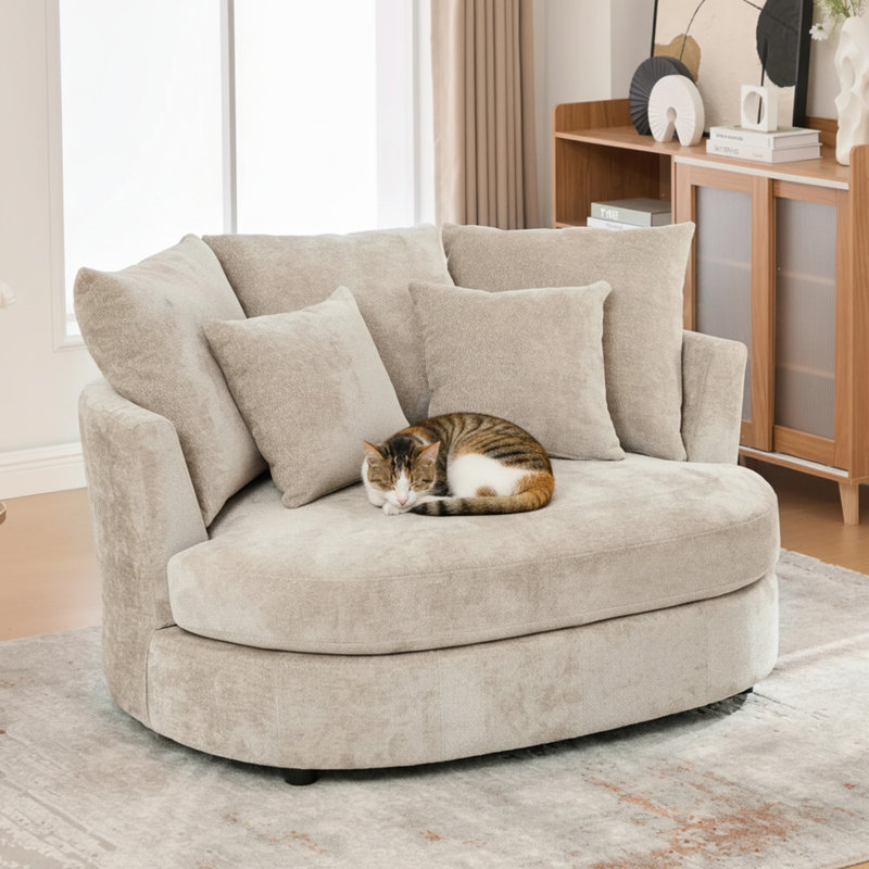 55.12" W Upholstered Slipcovered Barrel Accent Chair With 5 Side Pillows Chenille, Wheat