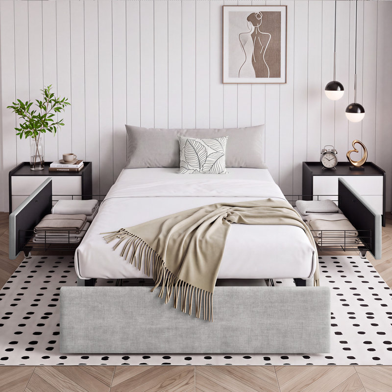 Cadre de lit plateforme avec 3 tiroirs de rangement sous le lit - Sans tête de lit, Gris clair clair