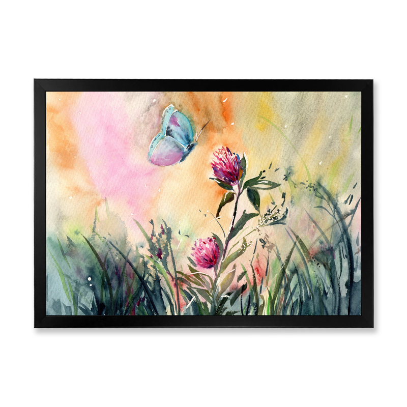 «Butterfly Botanical Summer Rose Flowers», reproduction sur toile flottante, H 8 po x l 12 po x P 1 po, Cadre noir