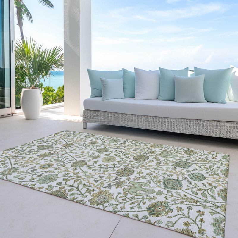 Ivory and Green Floral Synthetic Washable Rug, 3' x 5'