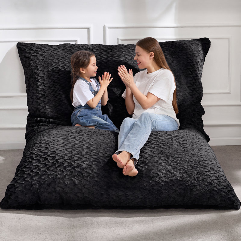 Fauteuil à billes 3-en-1 convertible pour adultes, housse lavable en peluche à chevrons, canapé-lit multi-usages avec paresseux, noir moelleux à chevrons