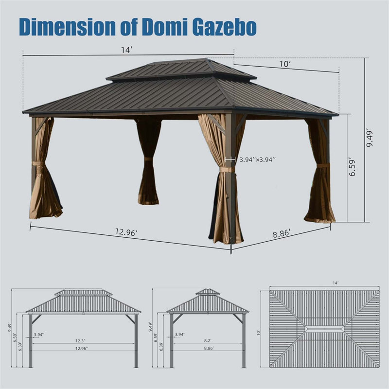 Hardtop Gazebo, Outdoor Gazebo With Galvanized Steel Double Roof, Aluminum Frame, Built-In Gutter System, Curtain And Netting, Metal Gazebo Pavilion For Patio Deck Garden