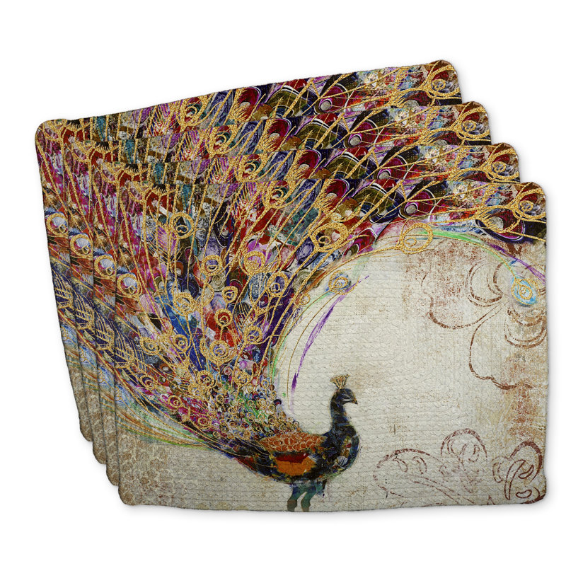 Peacock Gold Feather Braided Polyester Placemats Set of 4