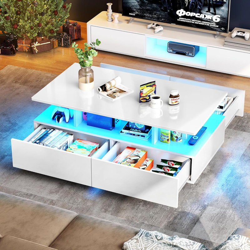 Coffee Table With Storage, Modern LED Coffee Tables For Living Room High Glossy White Rectangular Coffee Table, Small Center Coffee Table With Open Display Shelf & Sliding Drawers, White