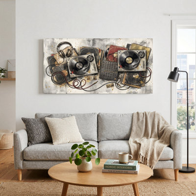 Ensemble de 1 tableau sur toile représentant des disques vinyles