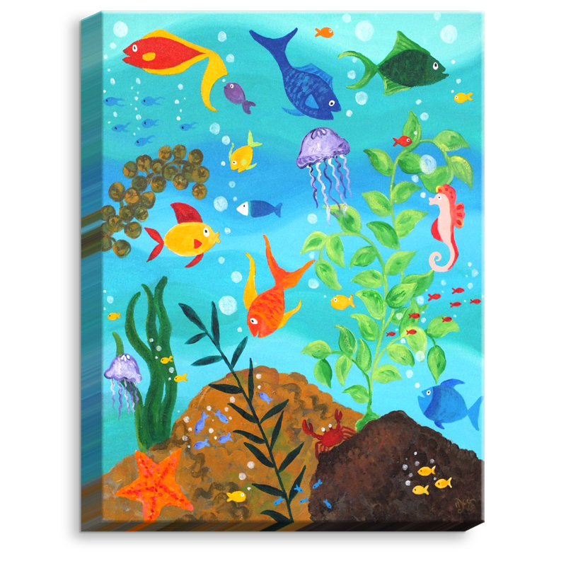 « happy fish iii », reproduction d’art sur toile, H 14 po x l 11 po x P 1,5 po