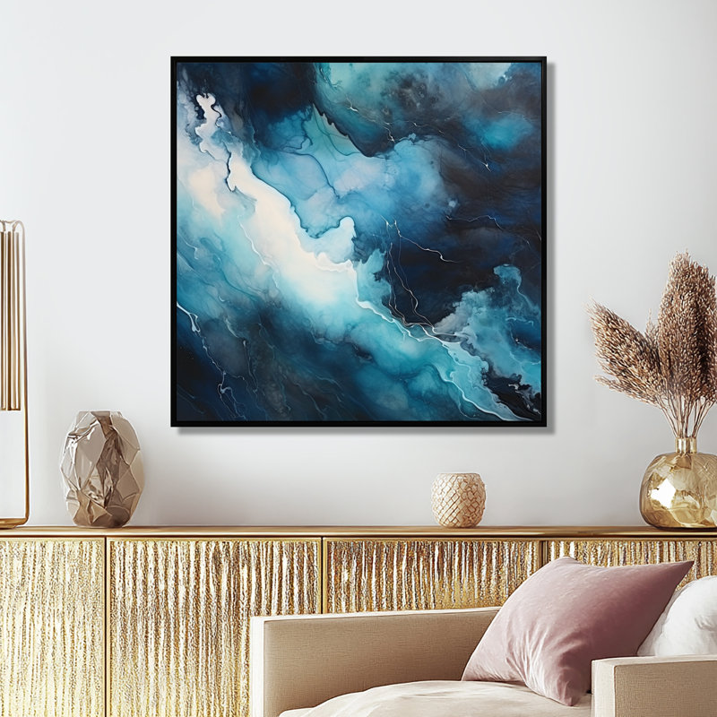Le cœur de la tempête - art mural abstrait à l'encre liquide, Cadre flottant noir, H 16 po x l 16 po