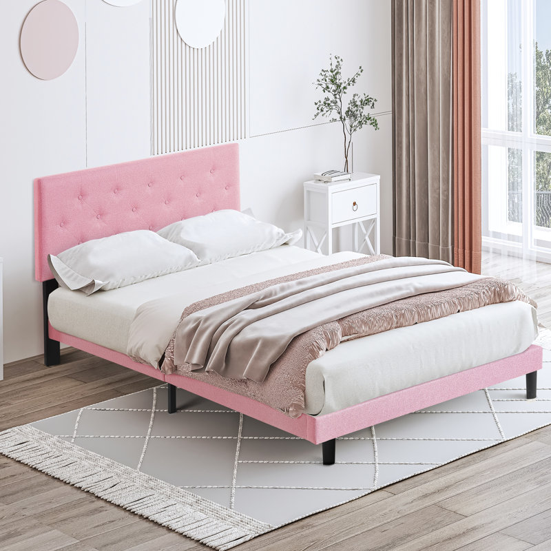 Full Size Upholstered Bed Frame In Pink With Linen Headboard - No Box Spring Required, Easy To Assemble, Robust Structure Button Installation, 500 Lbs Limit
