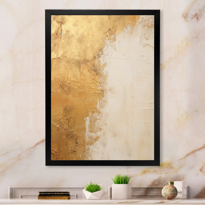 Reproduction d'art sur toile encadrée abstraite or et blanc, H 32 po x l 16 po x P 1 po, Cadre simple noir