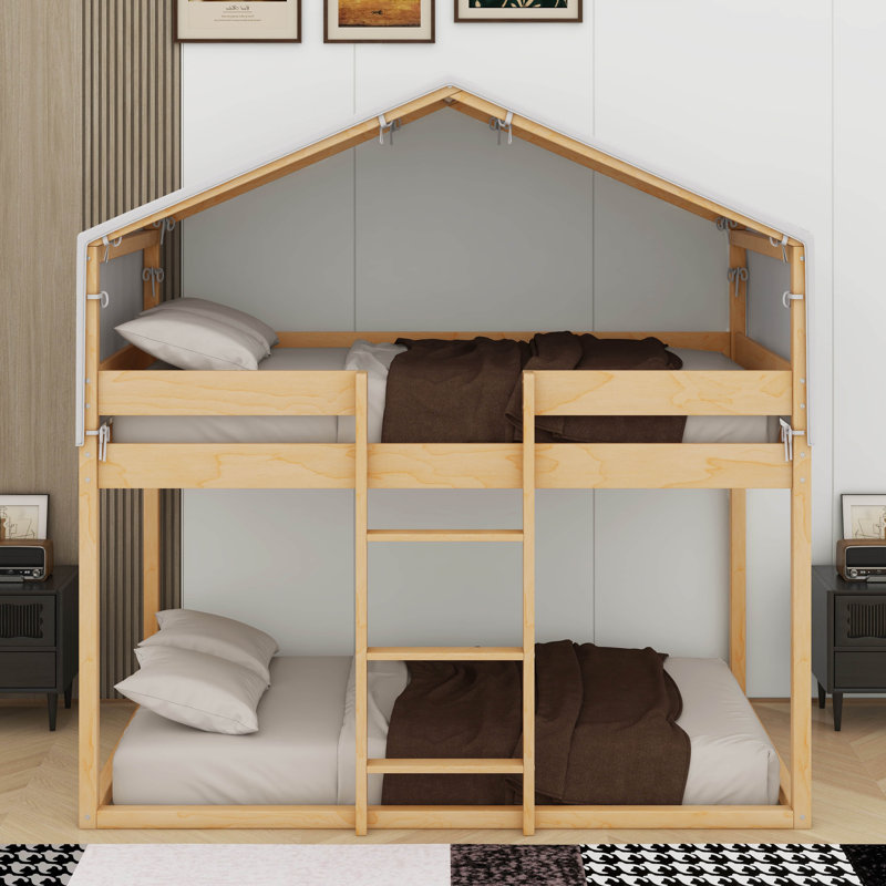 Lit simple superposé en bois avec tente, Naturel